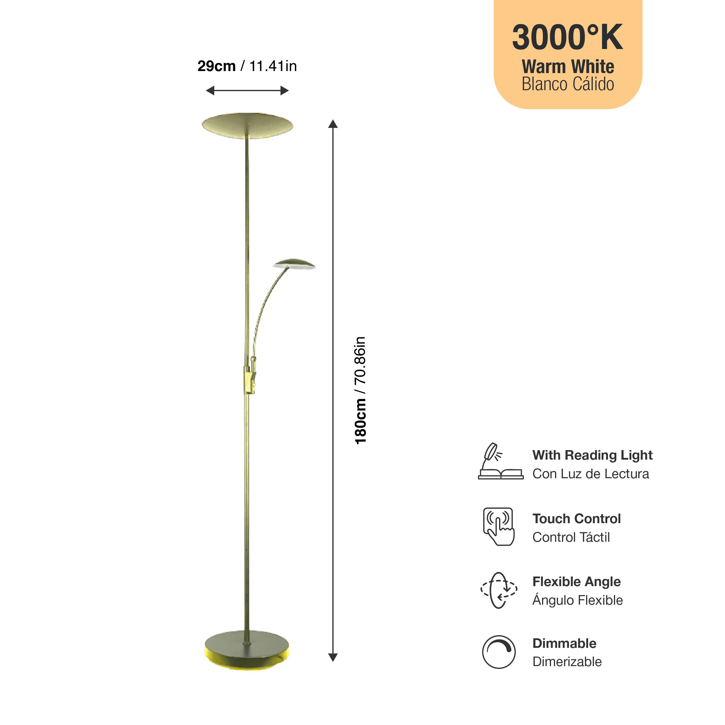 Lámpara de Pie LED con Luz de Lectura Dimerizable Bronce Ø290x30mm 25W Blanco Cálido 3000K 1800mm