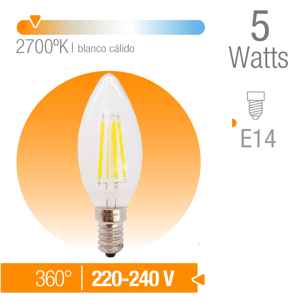 Bombilla E14 C37 vela filamento 5W blanco cálido
