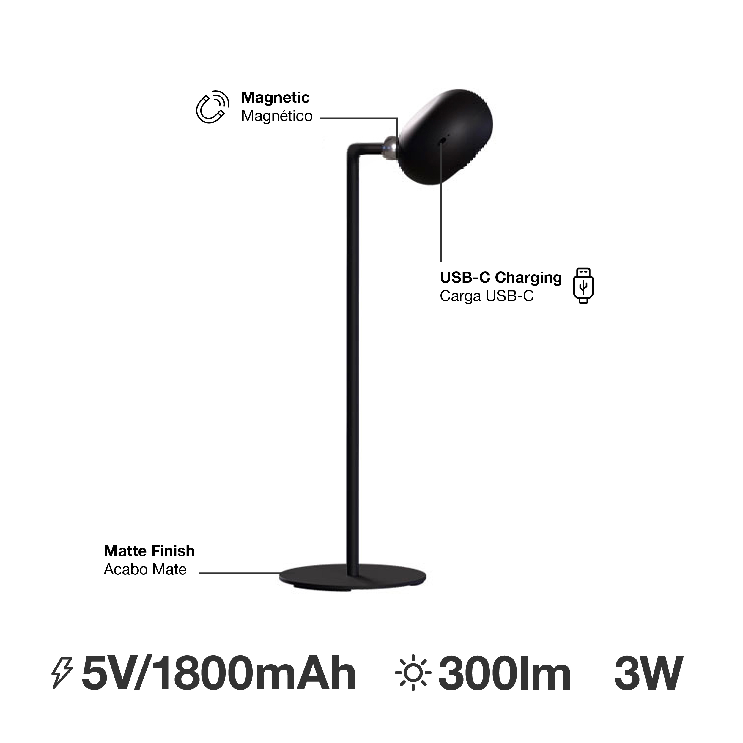 Lámpara de Mesa LED Magnética Negro 3W Mix Recargable 1800mAh