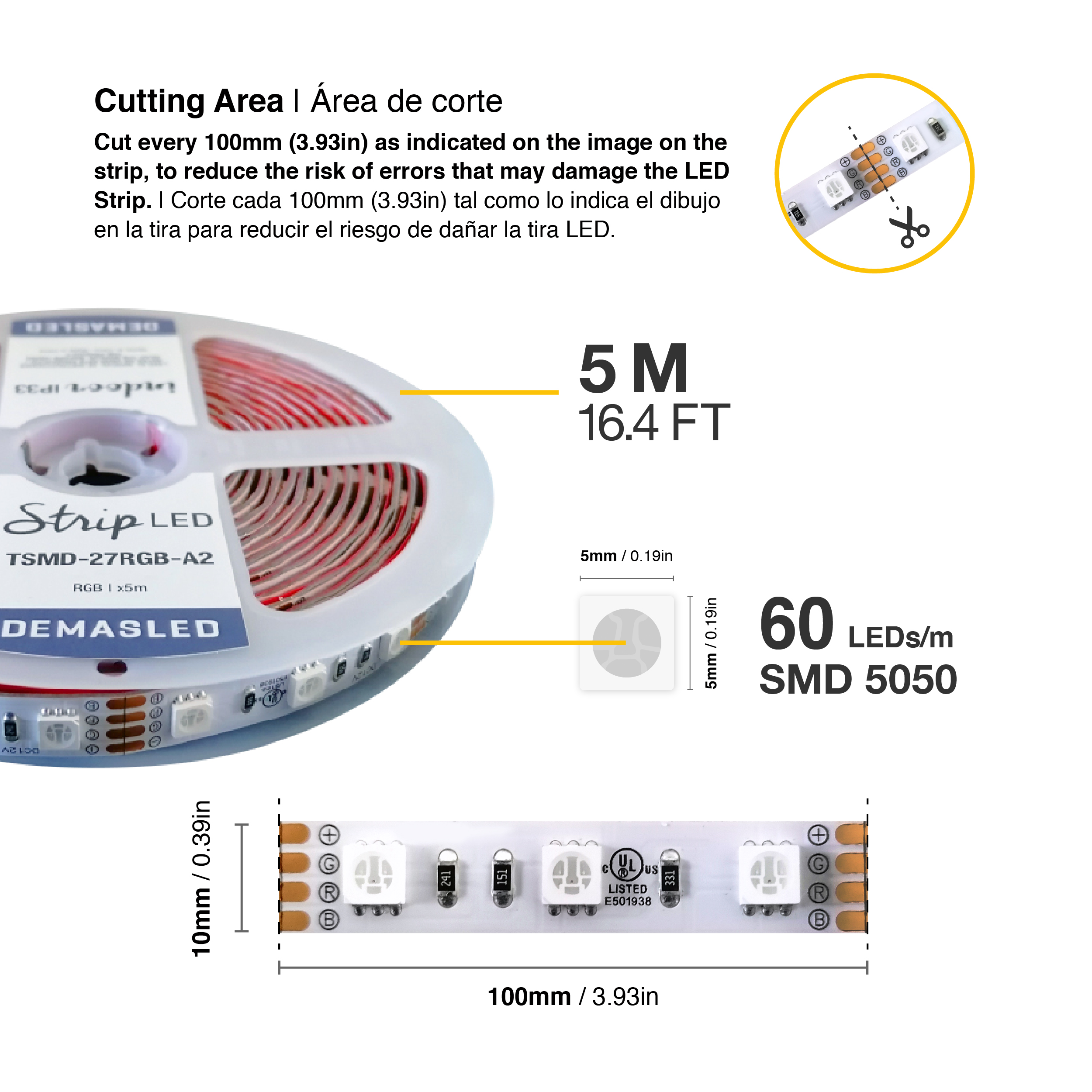 Tira LED SMD5050 24V 12W/m, RGB 720lm/m 60 LEDs/m, 5m
