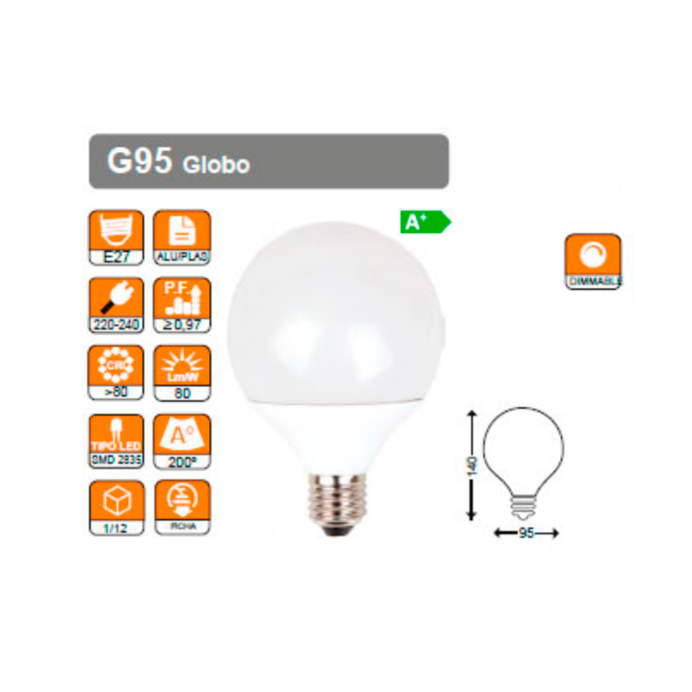 Bombilla LED E27 Globo 12W dimerizable Blanco Cálido 3000°K 806lm