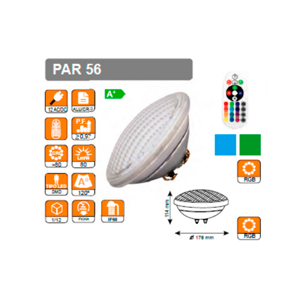 Luz de piscina PAR56 36W RGB con mando a distancia