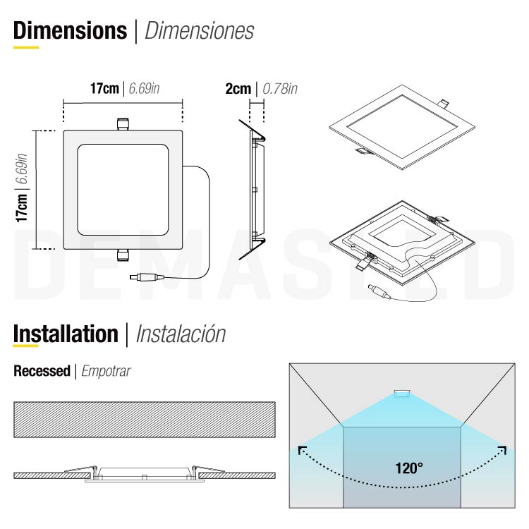 Panel LED cuadrado blanco de 17x17cm 12W 900lm Frío, de empotrar