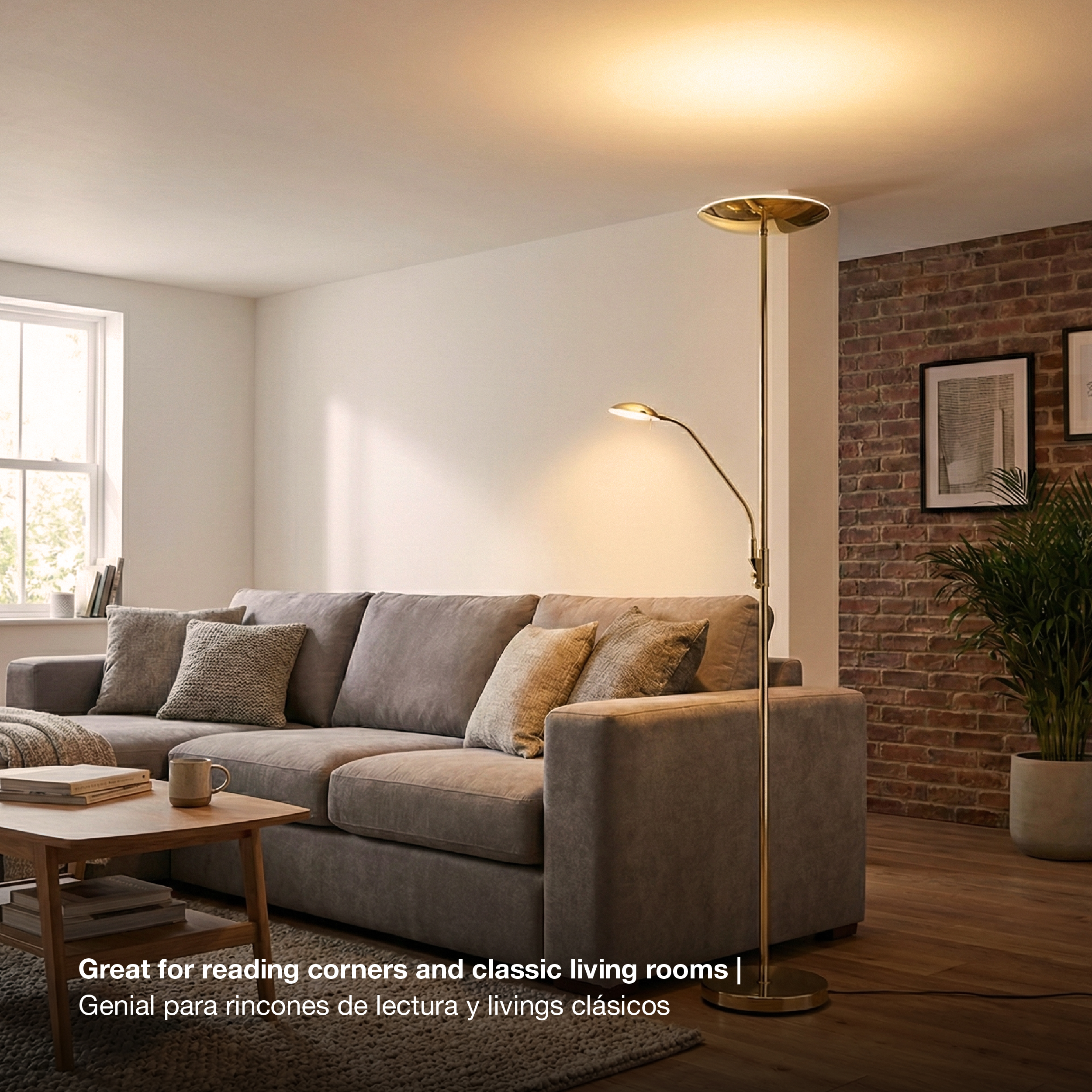Lámpara de Pie LED con Luz de Lectura Dimerizable Bronce Ø290x30mm 25W Blanco Cálido 3000K 1800mm