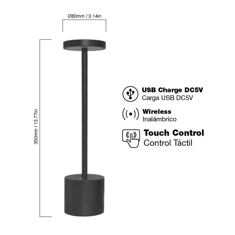 Lámpara de Aluminio Negra, Blanco Cálido 3W  Recargable 2000mAh