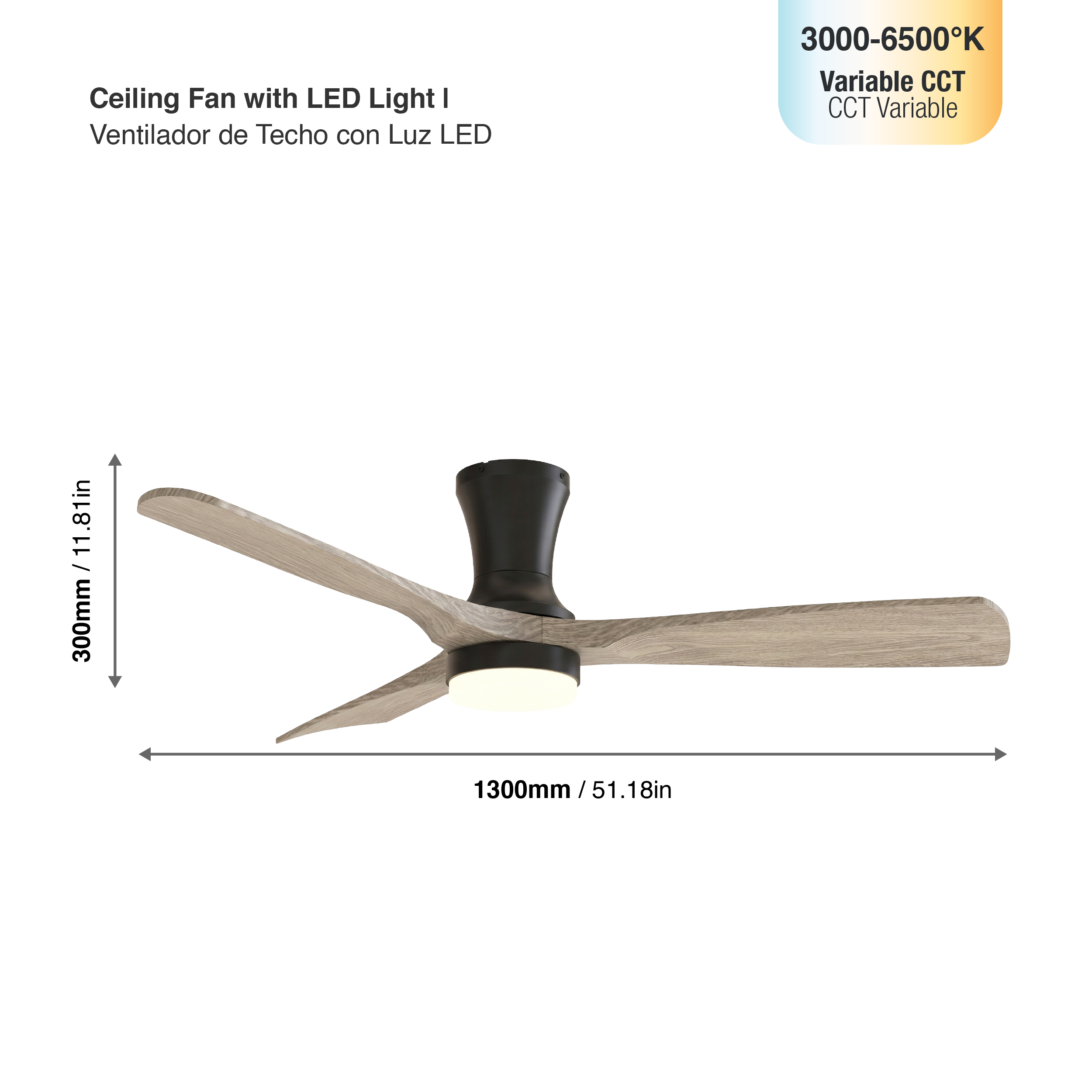 Ventilador Smart de Techo con Luz LED CCT 1300x300mm Madera Oscura 22W con Control Remoto Bluetooth 