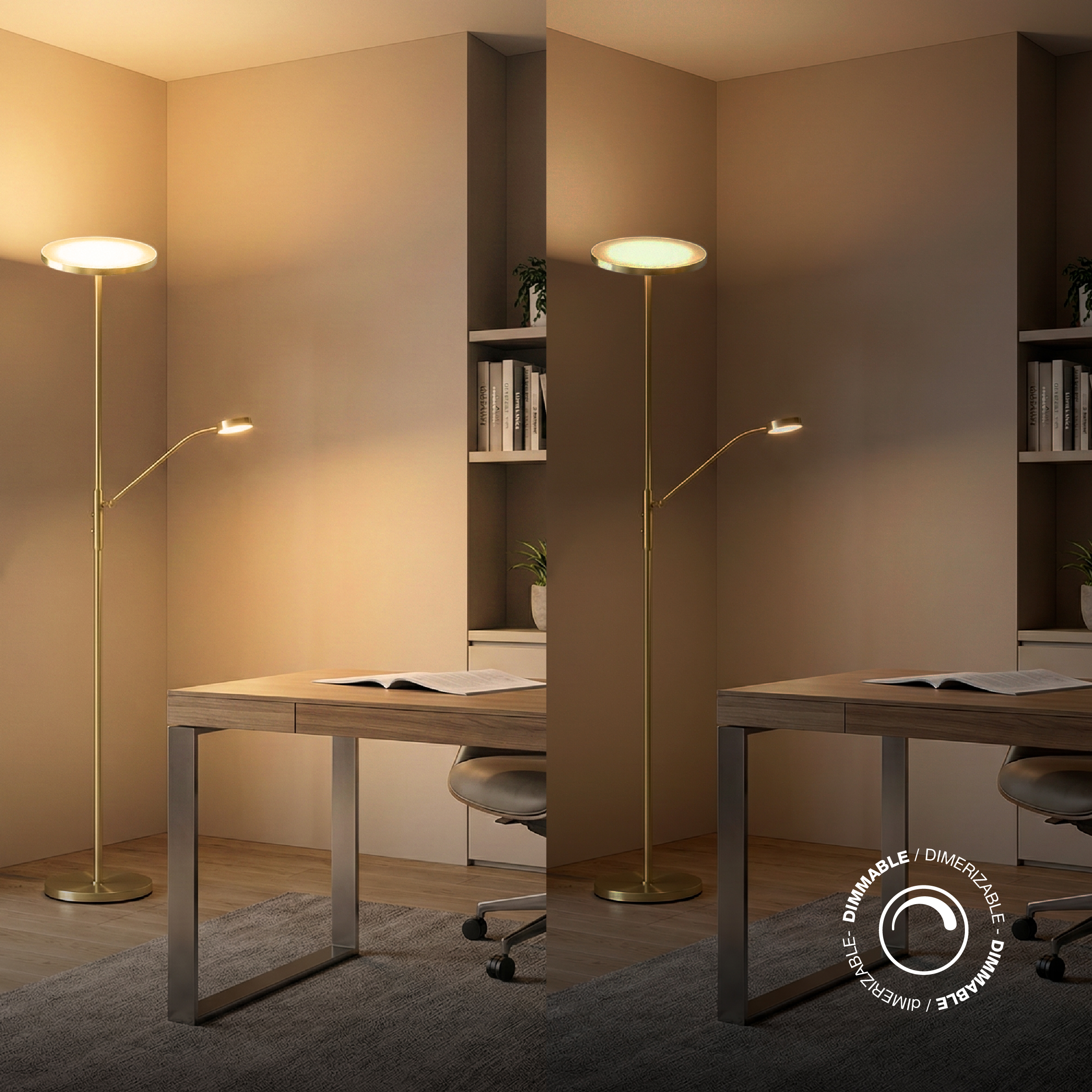 Lámpara de Pie LED con Luz de Lectura Bronce Ø250x20mm 25W Blanco Cálido 3000K 1800mm