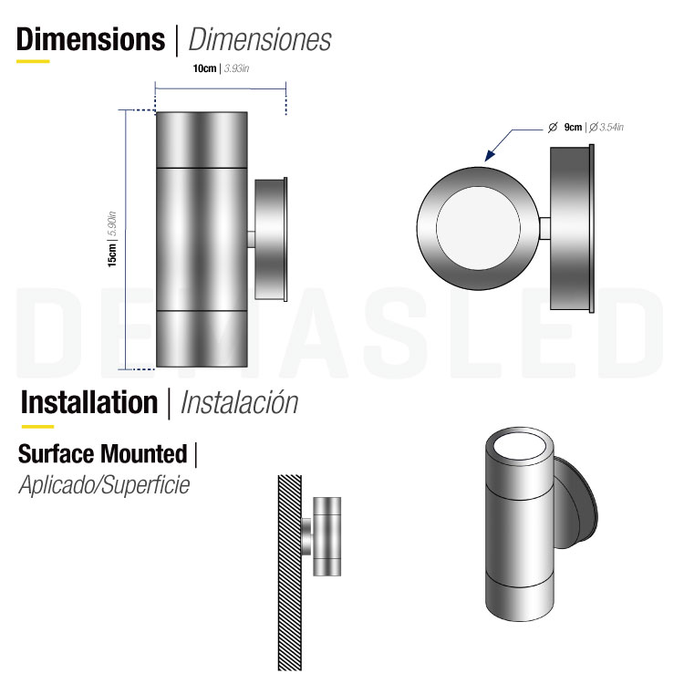 Aplique Exterior BIDIRECCIONAL para GU10, 16x6x9cm, 220-240V