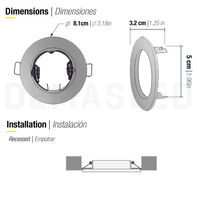 Aro Metálico Cromo Fijo 8.1cm Corte 5cm para lámpara GU10 y MR16