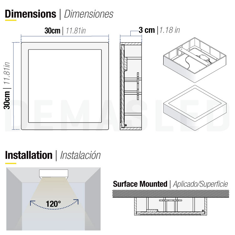 Plafón LED cuadrado blanco de 30x30cm, 24W 1920lm Neutro, aplicar