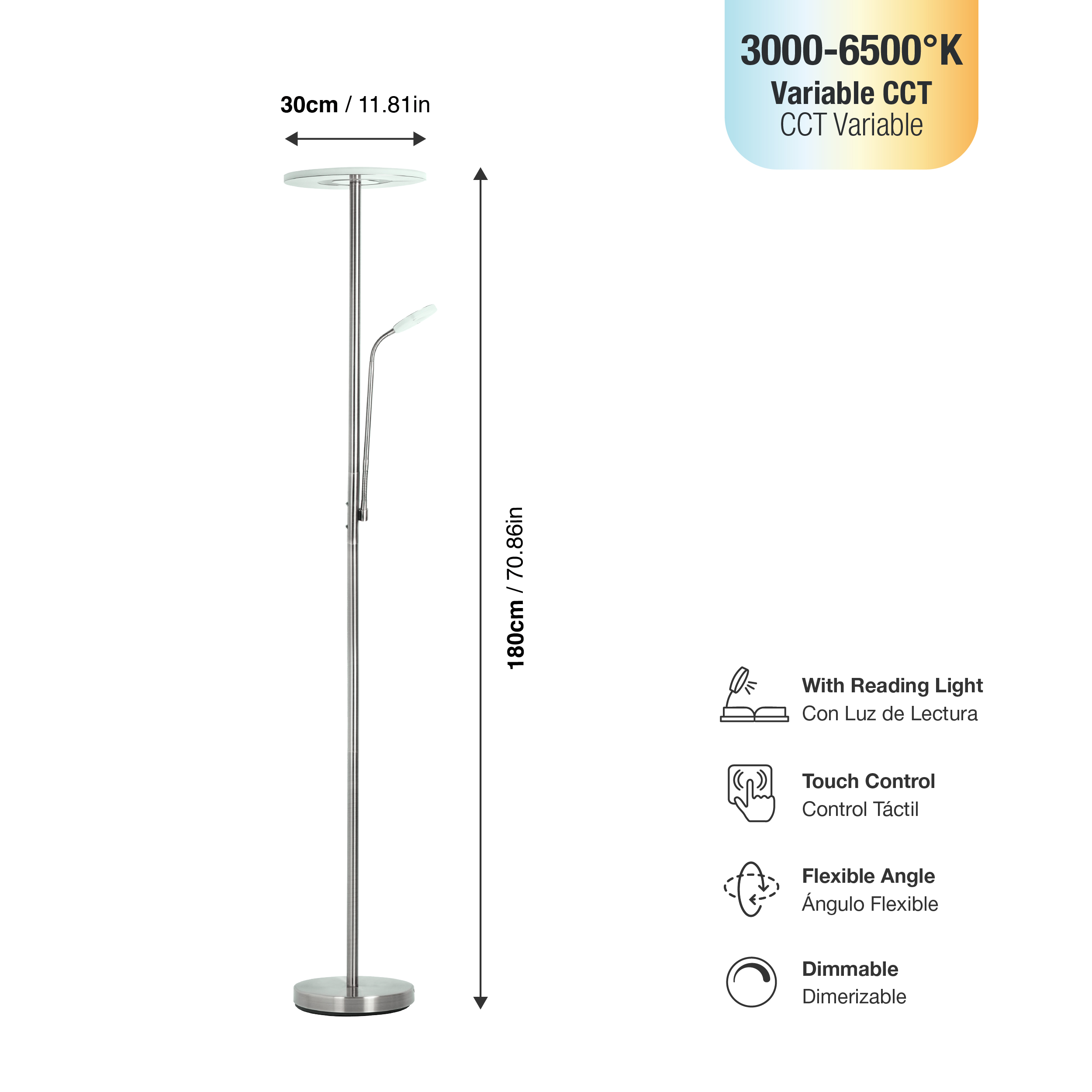 Lámpara de Pie LED con Luz de Lectura Dimerizable Níquel satinado Ø300x16mm 28W CCT 1800mm