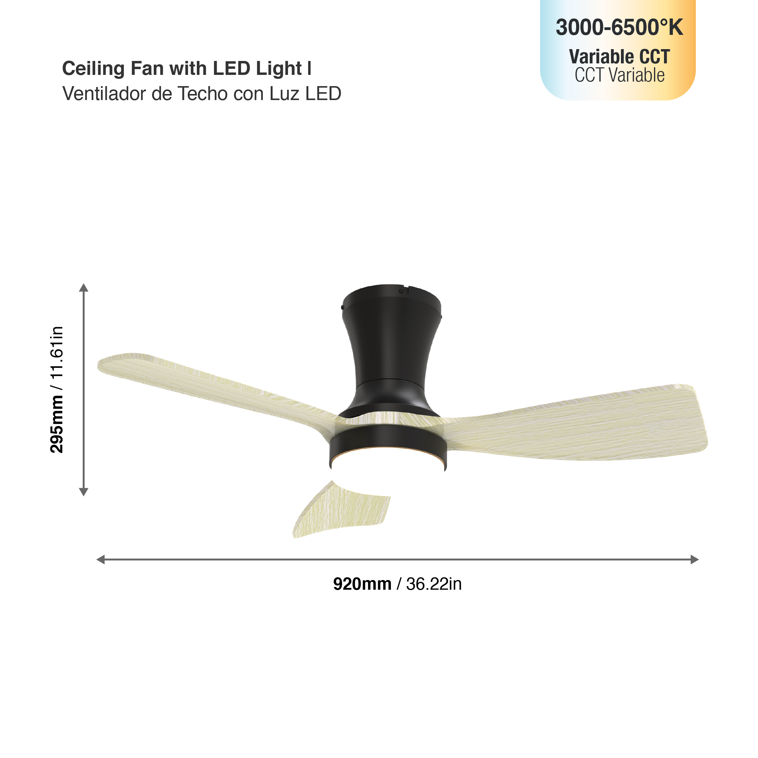 Ventilador de Techo con Luz LED CCT 920x265mm Madera Clara 22W con Control Remoto AC100-240V 