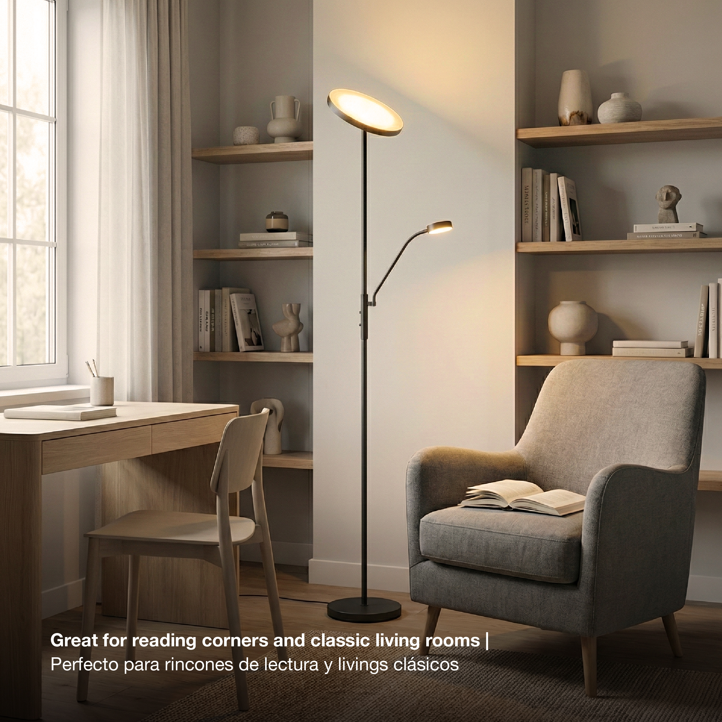 Lámpara de Pie LED con Luz de Lectura Negro Ø250x20mm 25W Blanco Cálido 3000K 1800mm