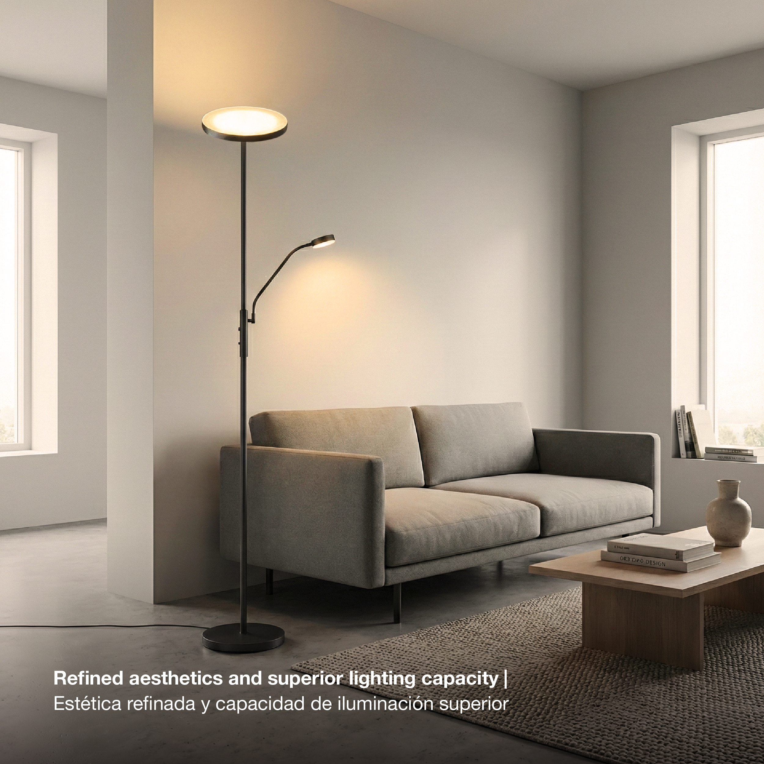 Lámpara de Pie LED con Luz de Lectura Negro Ø250x20mm 25W Blanco Cálido 3000K 1800mm