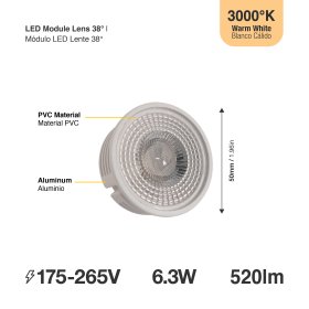 Módulo LED Lente 38° 6W 520lm Blanco Cálido 3000K 175-265V 