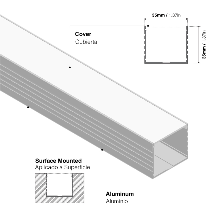 Perfil de Aluminio Double 35x35mm Anodizado, Cover Opal Blanco x2m