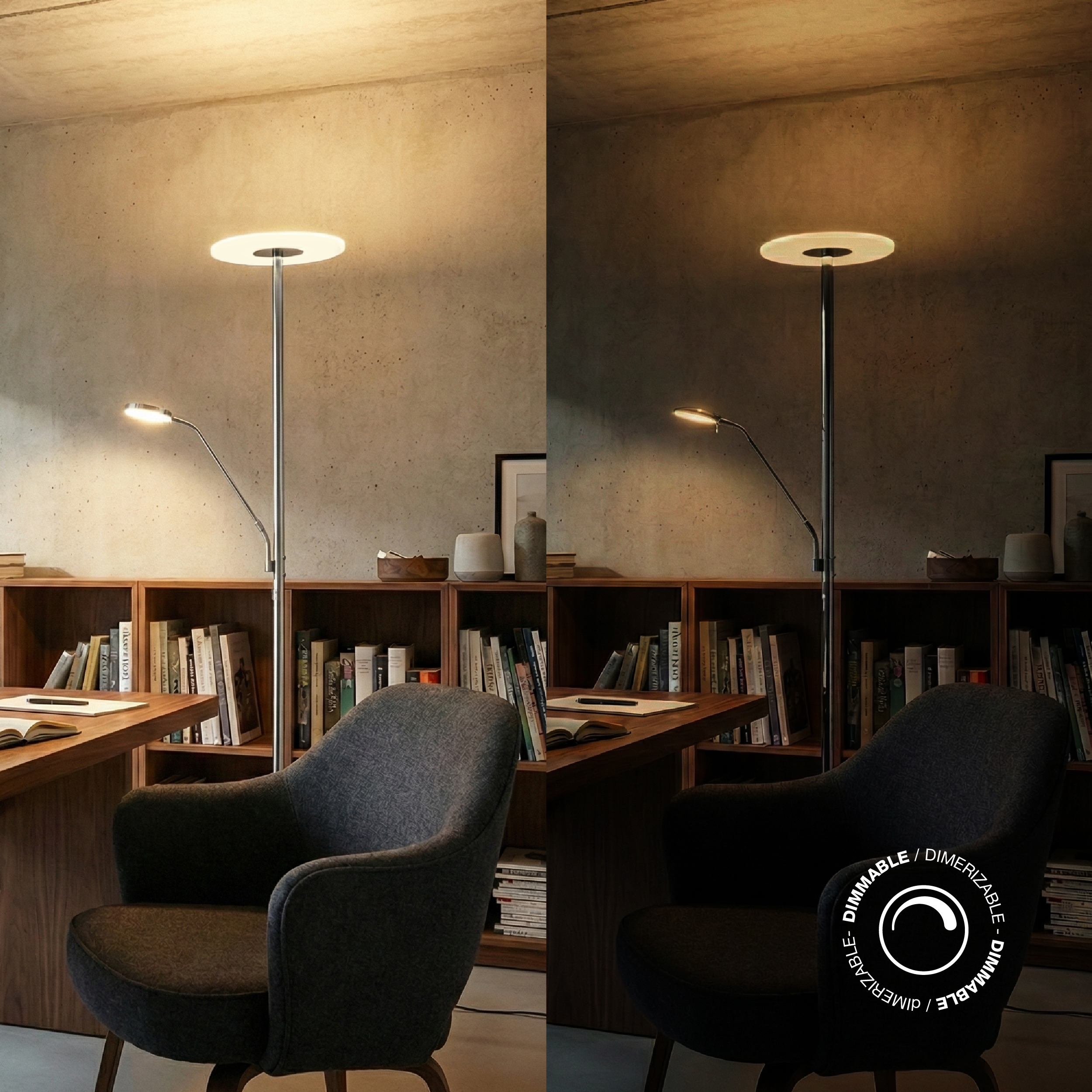 Lámpara de Pie LED con Luz de Lectura Dimerizable Níquel satinado Ø300x16mm 28W CCT 1800mm