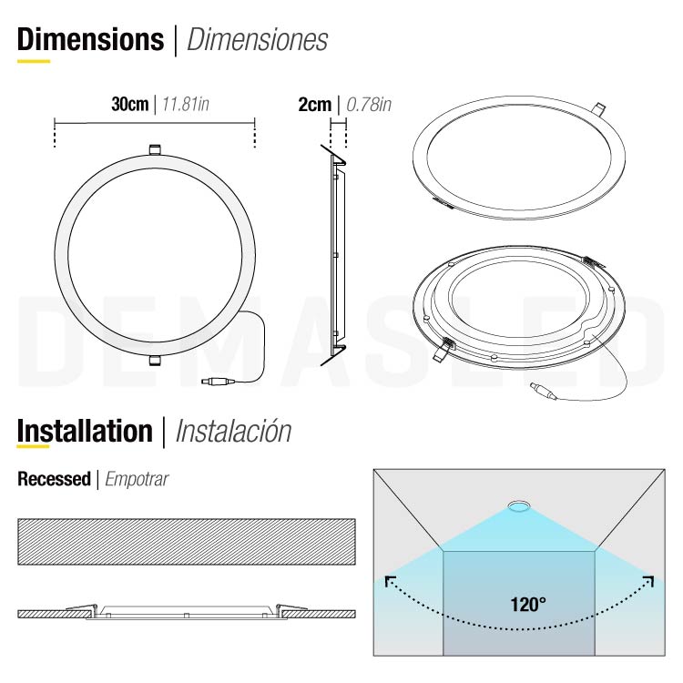 Panel LED Redondo Blanco de 30cm, 24W 1920lm Frío, de empotrar