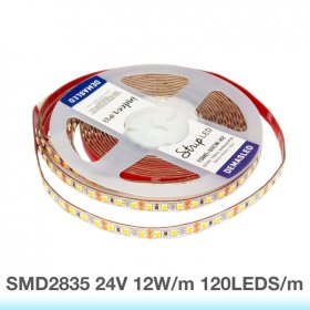 Tira LED SMD2835 24V 12W/m, Frío 1200lm/m 120 LEDs/m, 8mm PBC, 5m