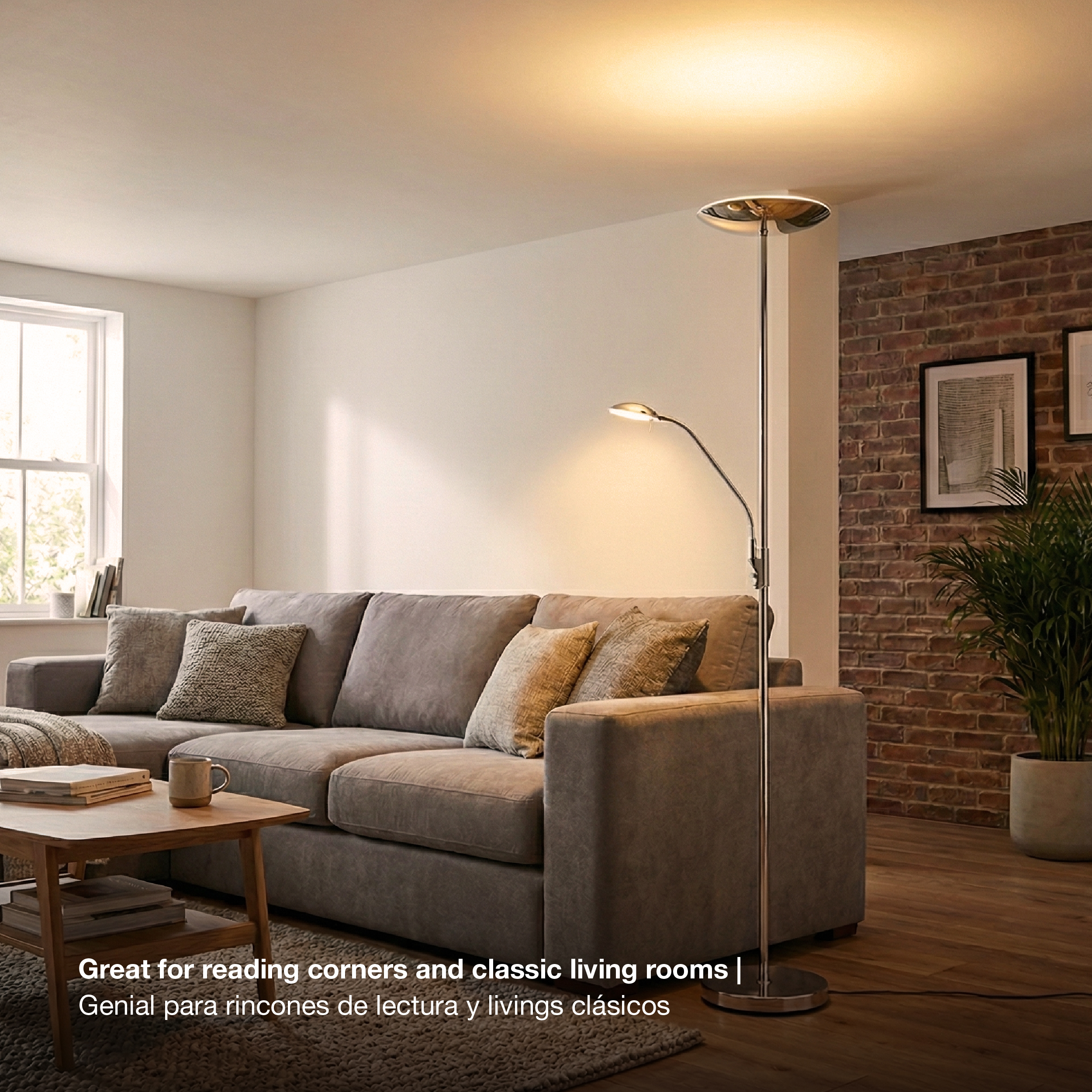 Lámpara de Pie LED con Luz de Lectura Dimerizable Níquel satinado Ø290x30mm 25W Blanco Cálido 3000K 