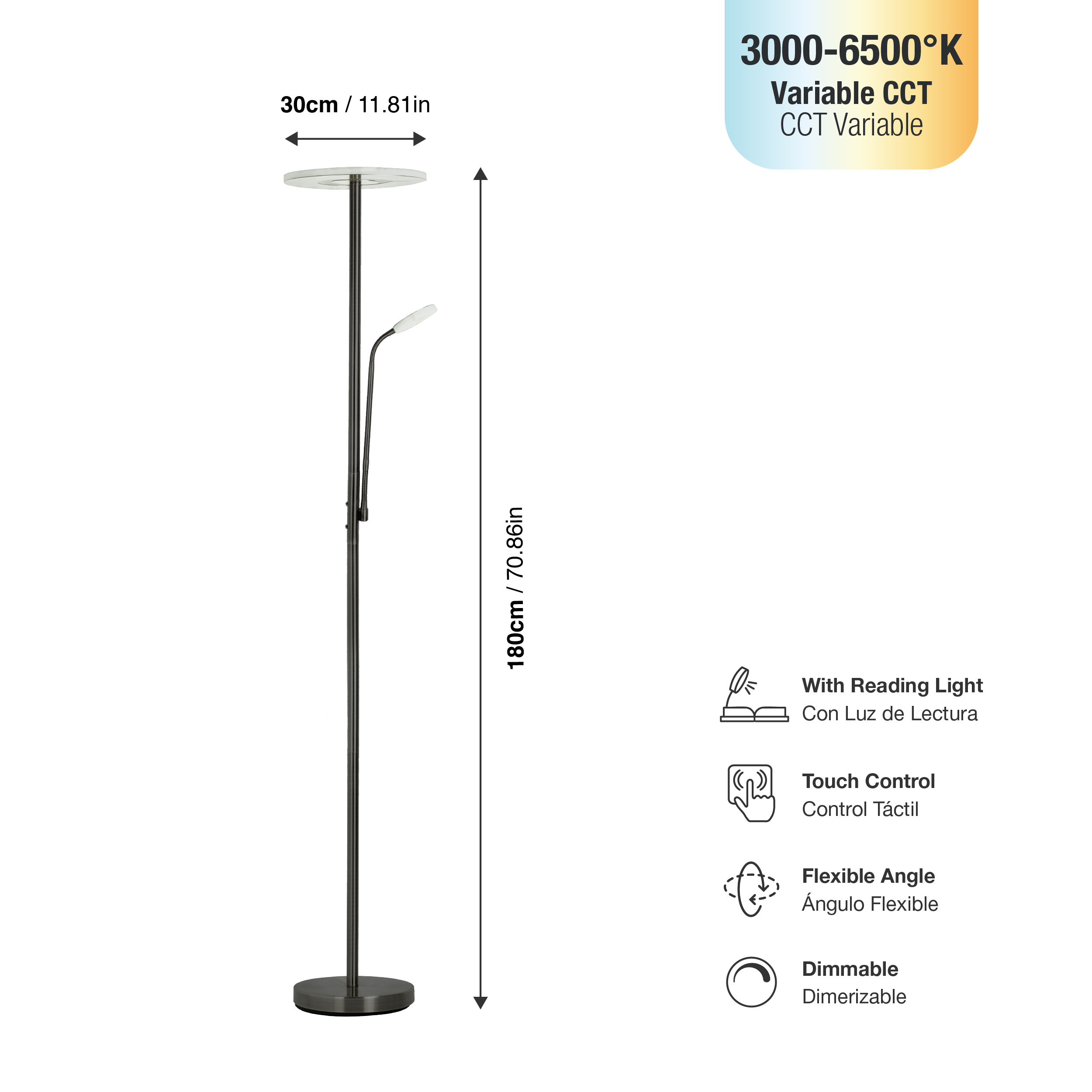 Lámpara de Pie LED con Luz de Lectura Dimerizable Negro Ø300x16mm 28W CCT 1800mm