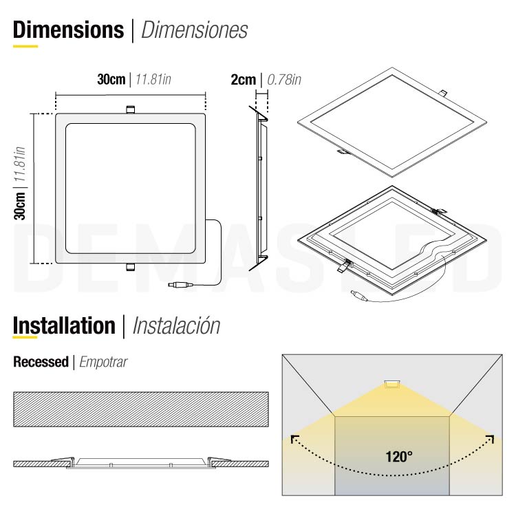 Panel LED cuadrado blanco de 30x30cm 24W 1920lm Cálido, empotrar