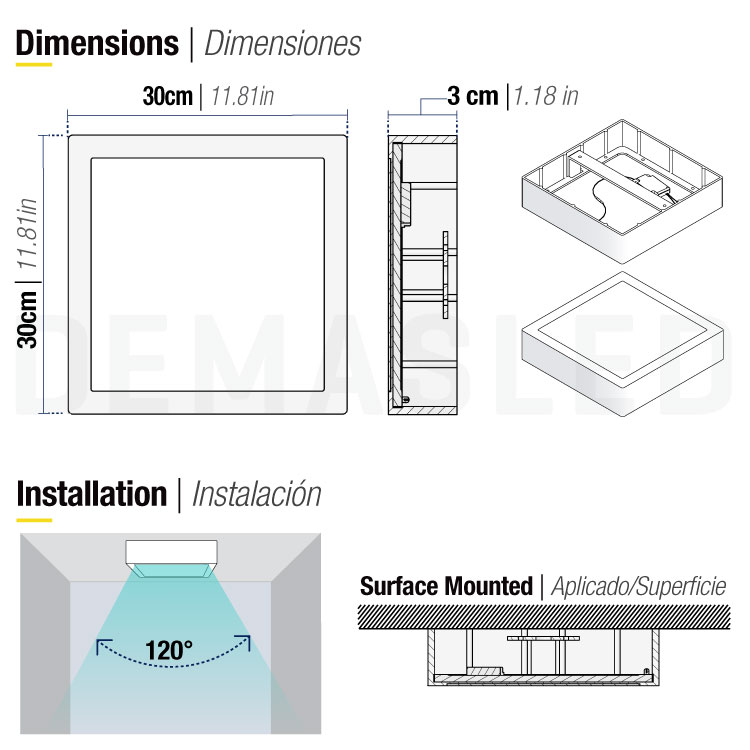 Plafón LED cuadrado blanco de 30x30cm, 24W 1920lm Frío, de aplicar