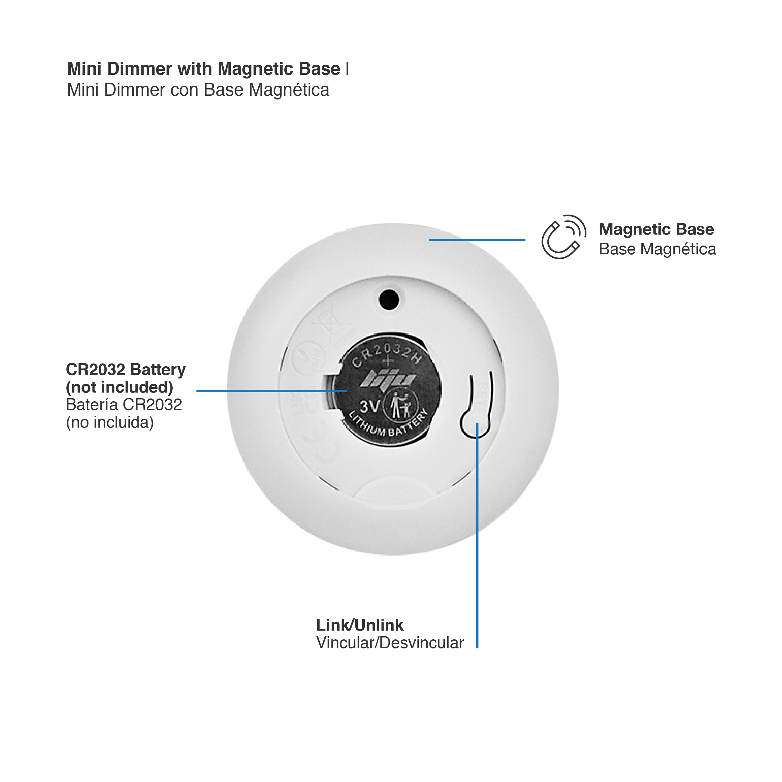 Mini Control Remoto Dimmer con Base Magnética 3V 2.4GHz, Blanco