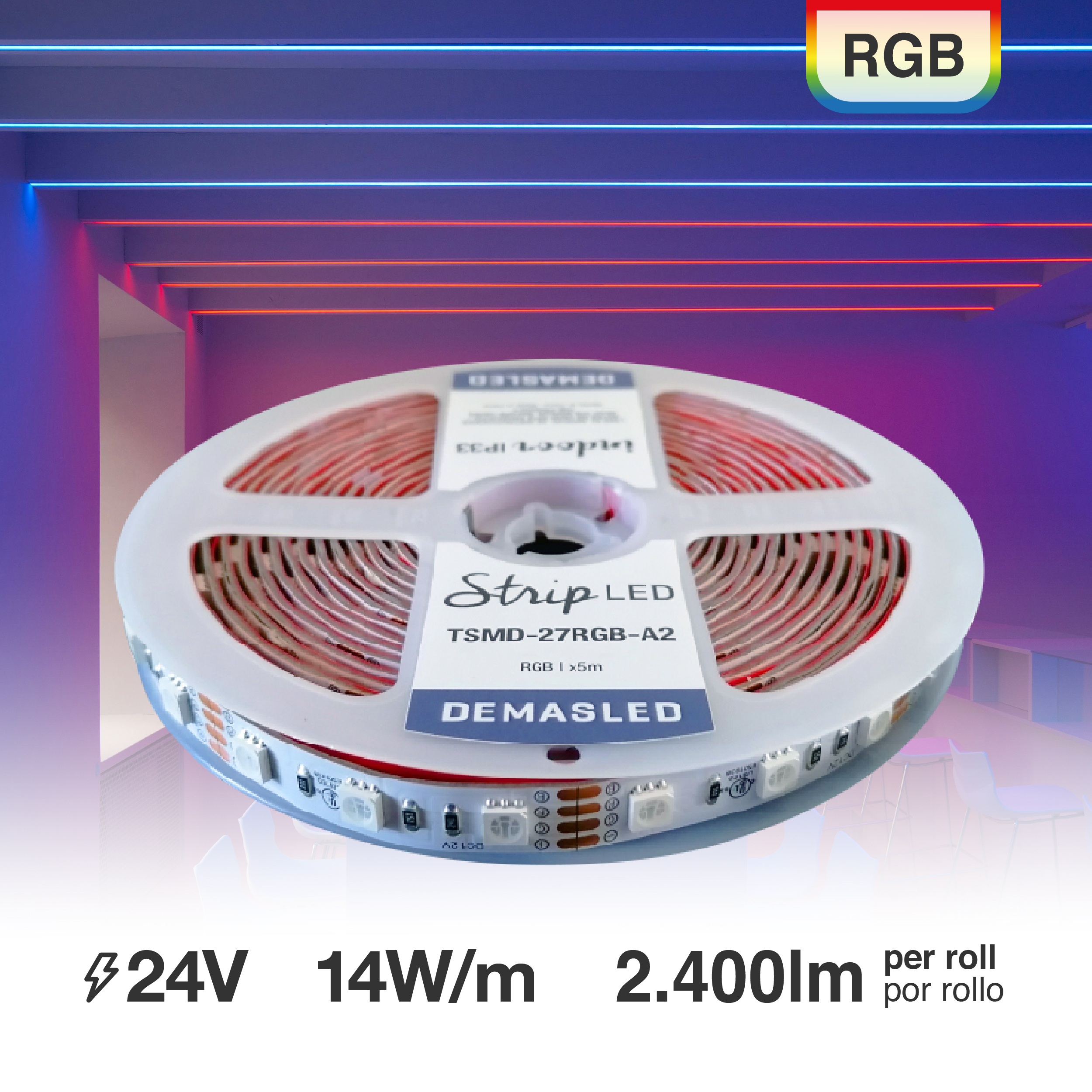 Tira LED SMD5050 24V 12W/m, RGB 720lm/m 60 LEDs/m, 5m