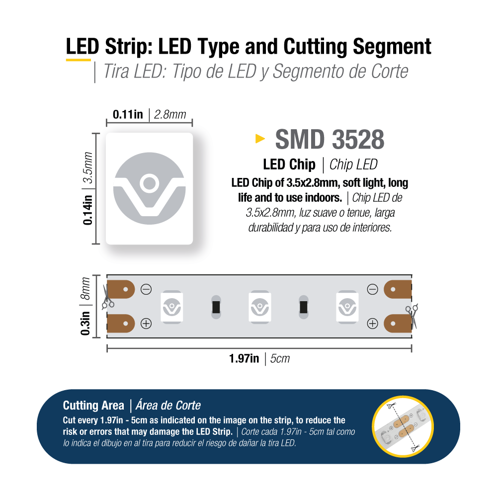 Tira LED SMD3528, 12V, 4.5W/m, Azul 450nm, 100 lm/m 60 LEDs/m, 5m