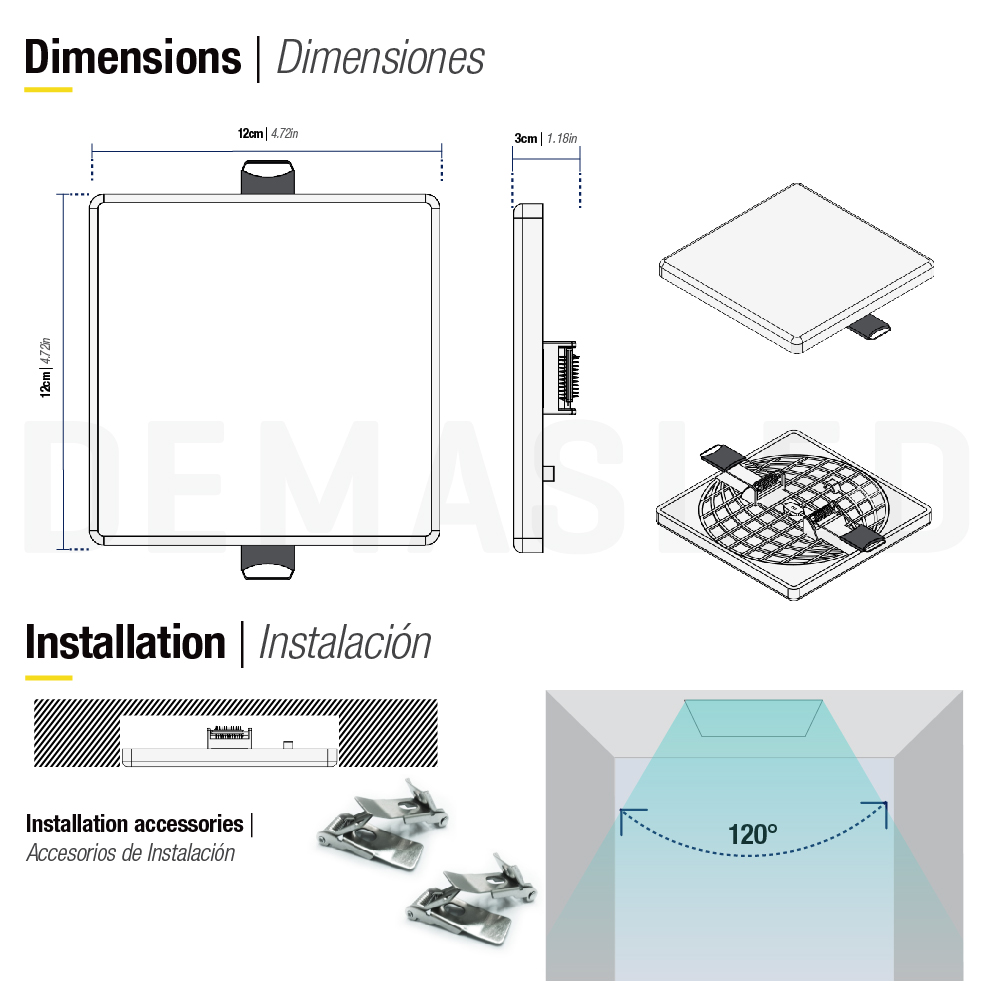 Panel LED cuadrado AJUSTABLE de 12x12cm 12W 1020lm Frío, Empotrar