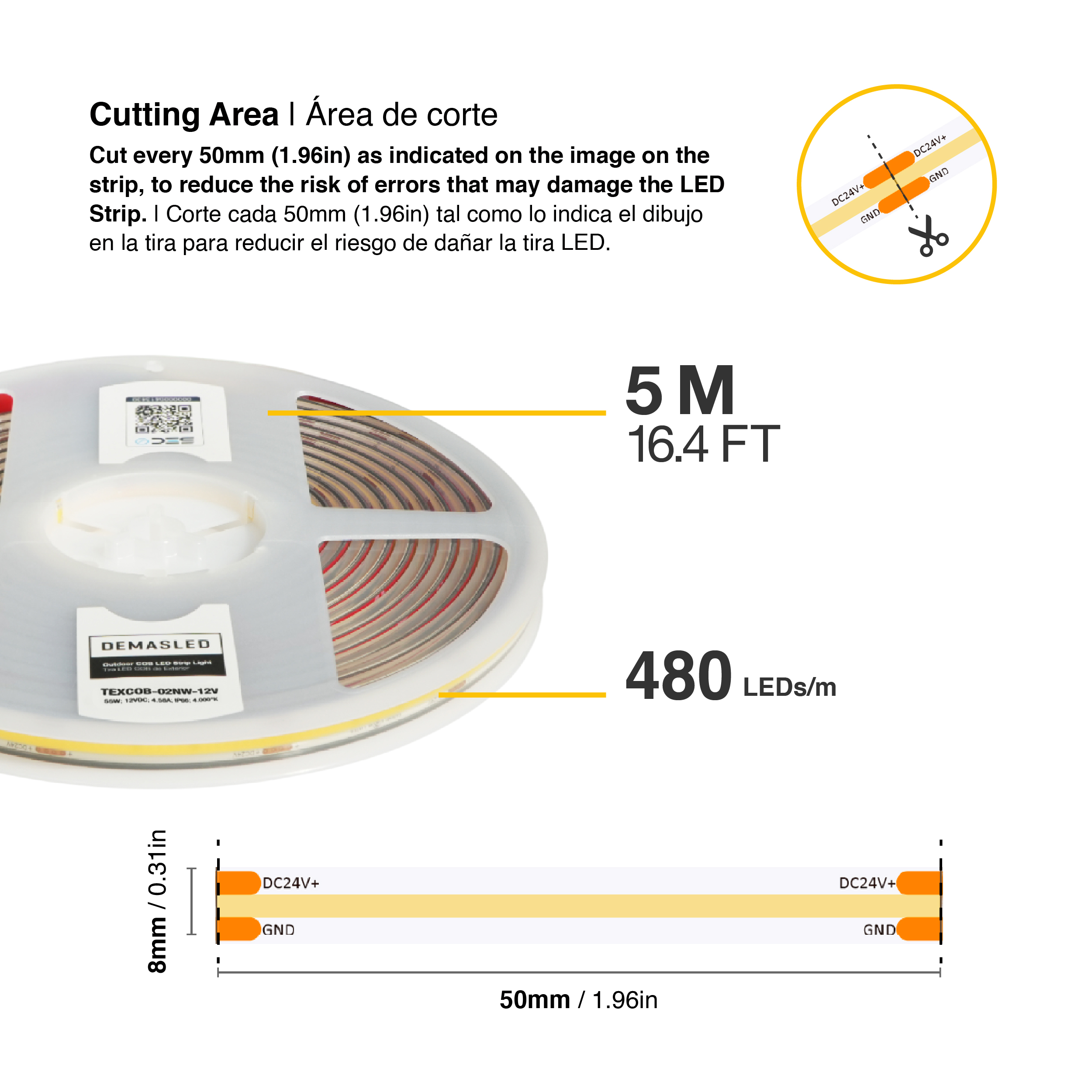 Tira LED COB 12V 11W/m Blanco Neutro 4000ºK 1012lm/m 10mm IP68, 5m