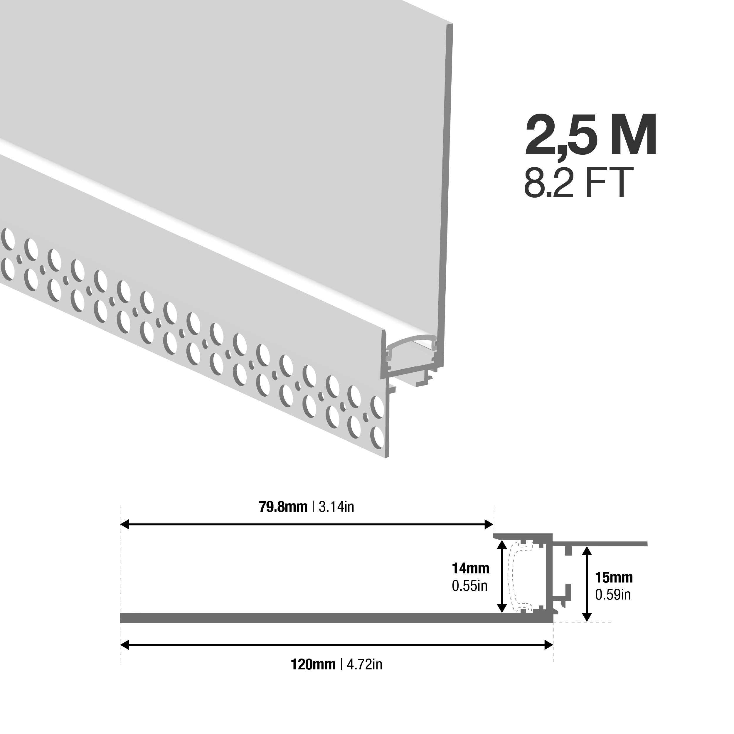 Perfil de Aluminio con Ala para Embutir, Anodizado Difusor 120x19mm, con Cover Opal Blanco x2.5m 