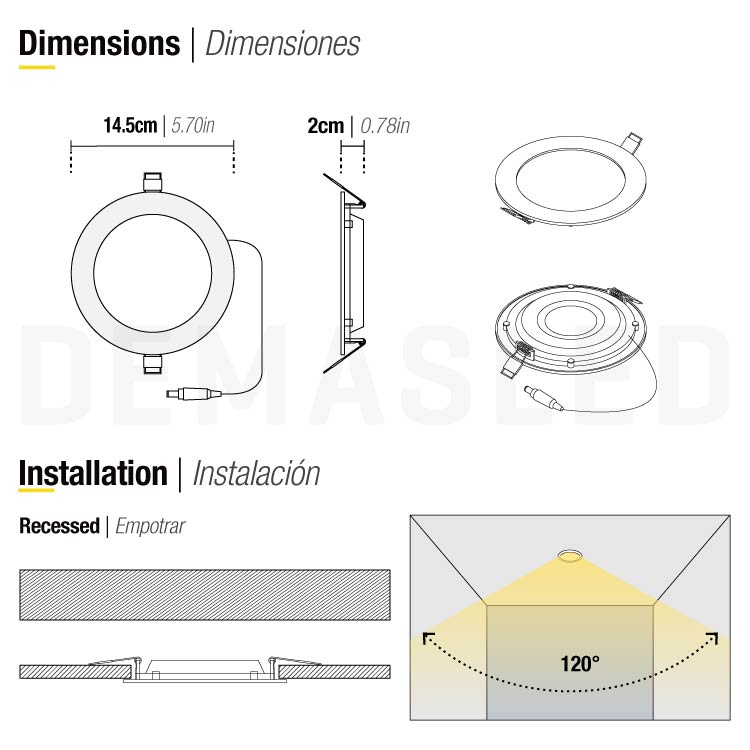 Panel LED redondo blanco de 14.5cm, 9W 630lm Cálido, de empotrar