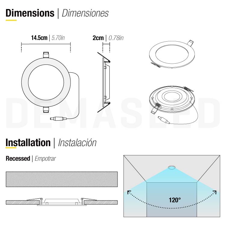 Panel LED redondo blanco de 14.5cm 9W 630lm blanco Frío, empotrar