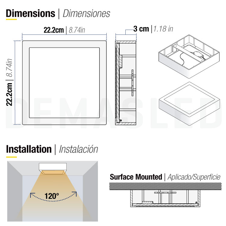 Plafón LED cuadrado blanco de 21,3x21,3cm 18W 1440lm Cálido, aplicar