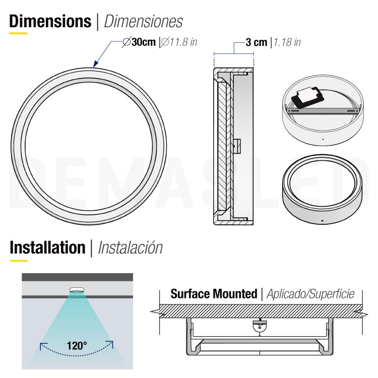 Plafón LED redondo blanco de 30cm, 24W 1920lm Frío, de aplicar