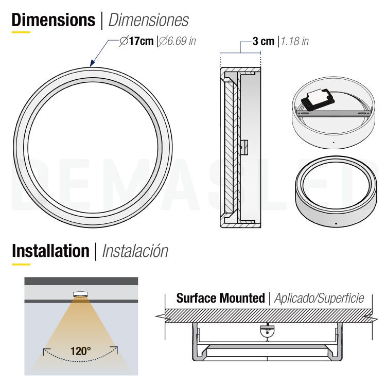 Plafón LED redondo blanco de 17cm 12W 900lm blanco Cálido, aplicar
