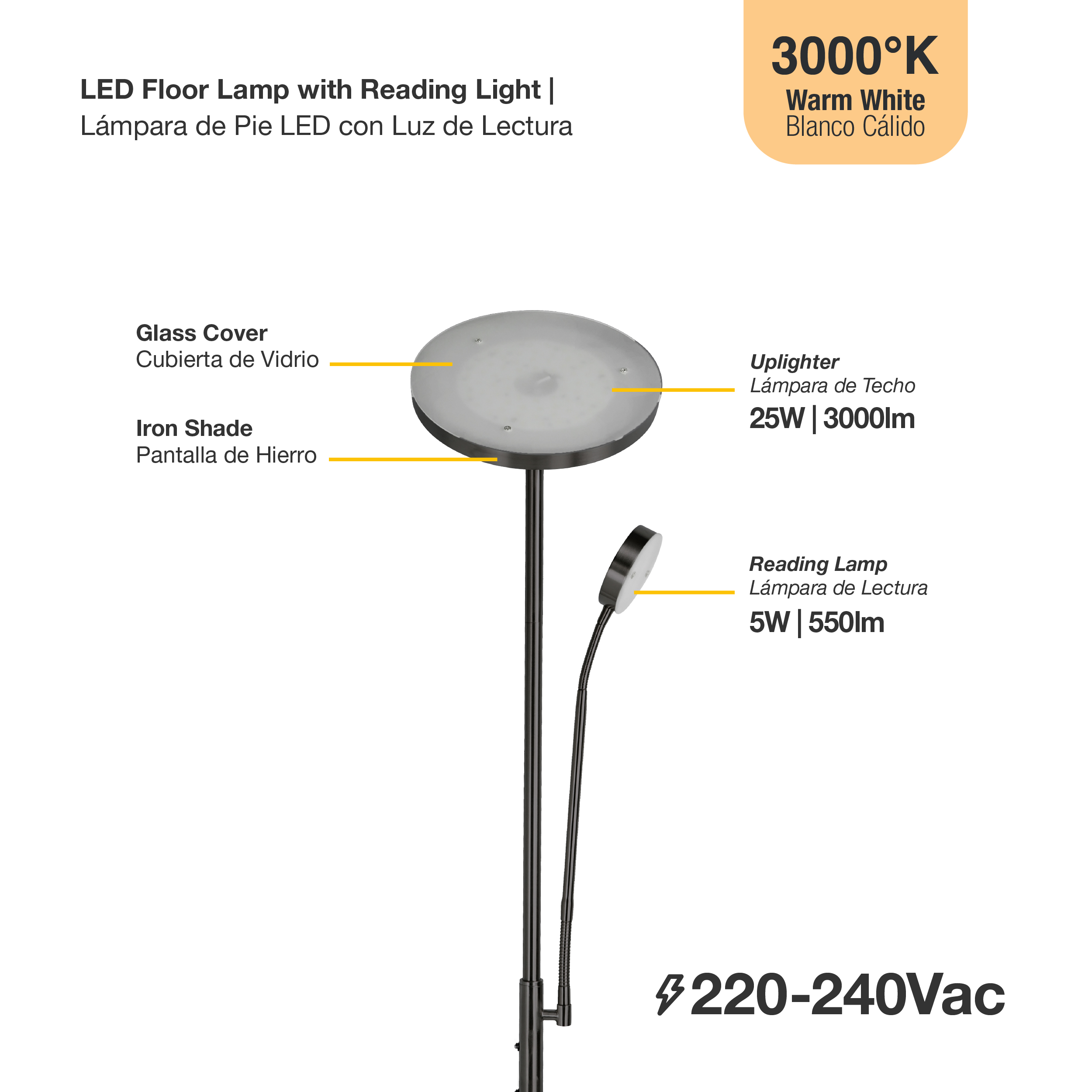 Lámpara de Pie LED con Luz de Lectura Negro Ø250x20mm 25W Blanco Cálido 3000K 1800mm