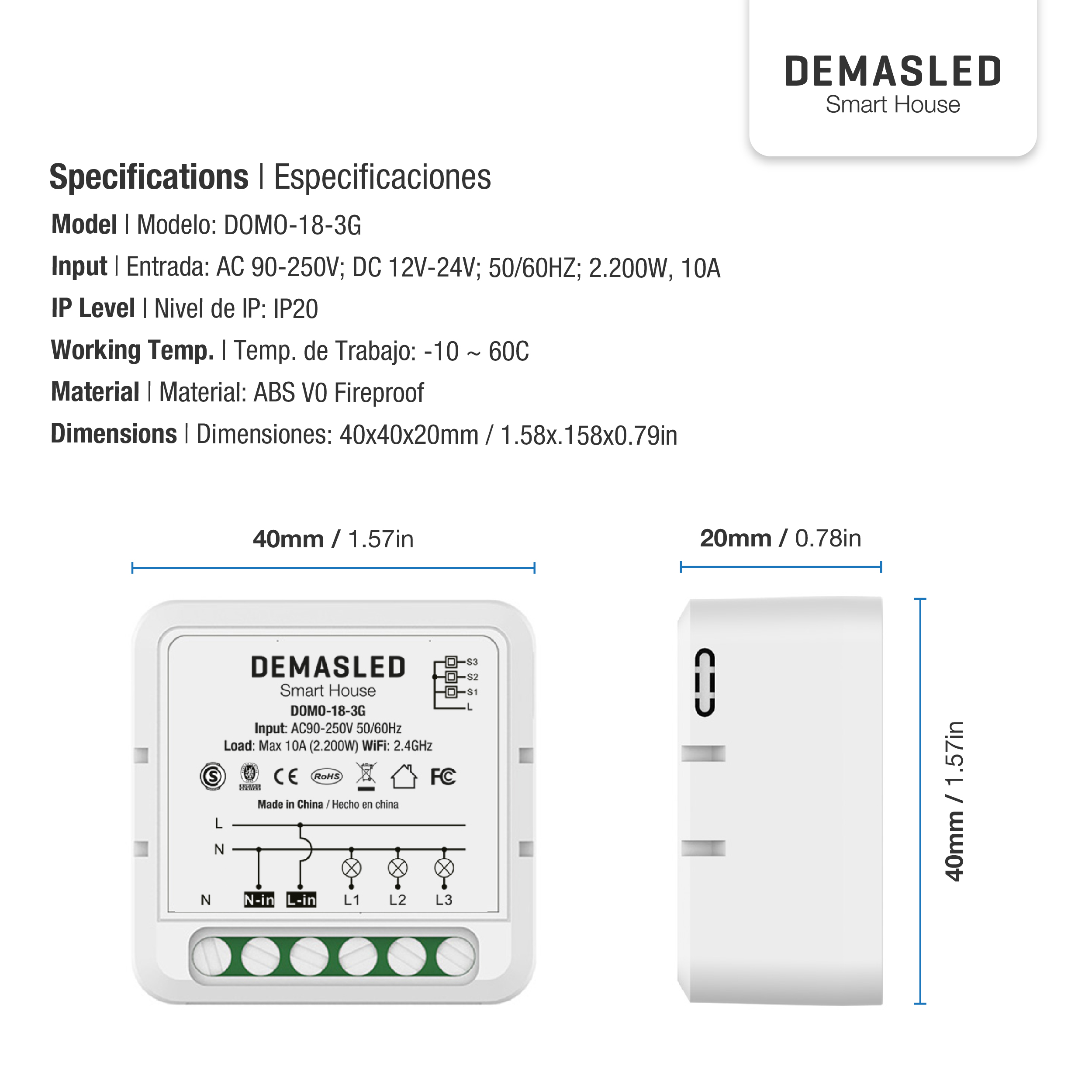 Mini Smart Switch WiFi+RF 3 Canales 50-60Hz 10A max 2.4GHz
