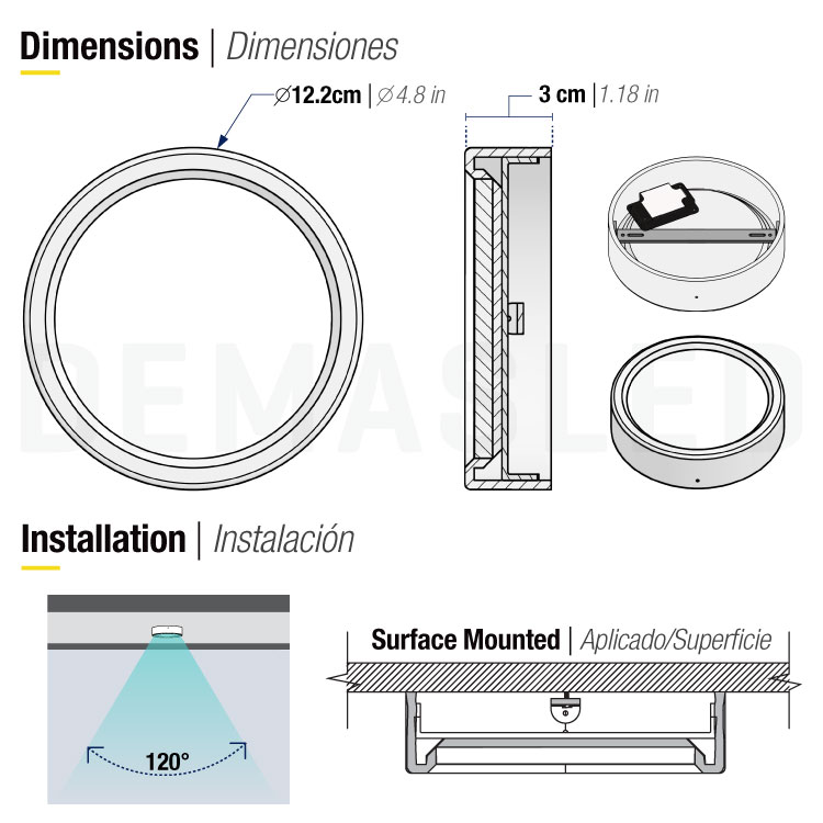 Plafón LED redondo blanco de 12cm, 6W 390lm blanco Frío, aplicar