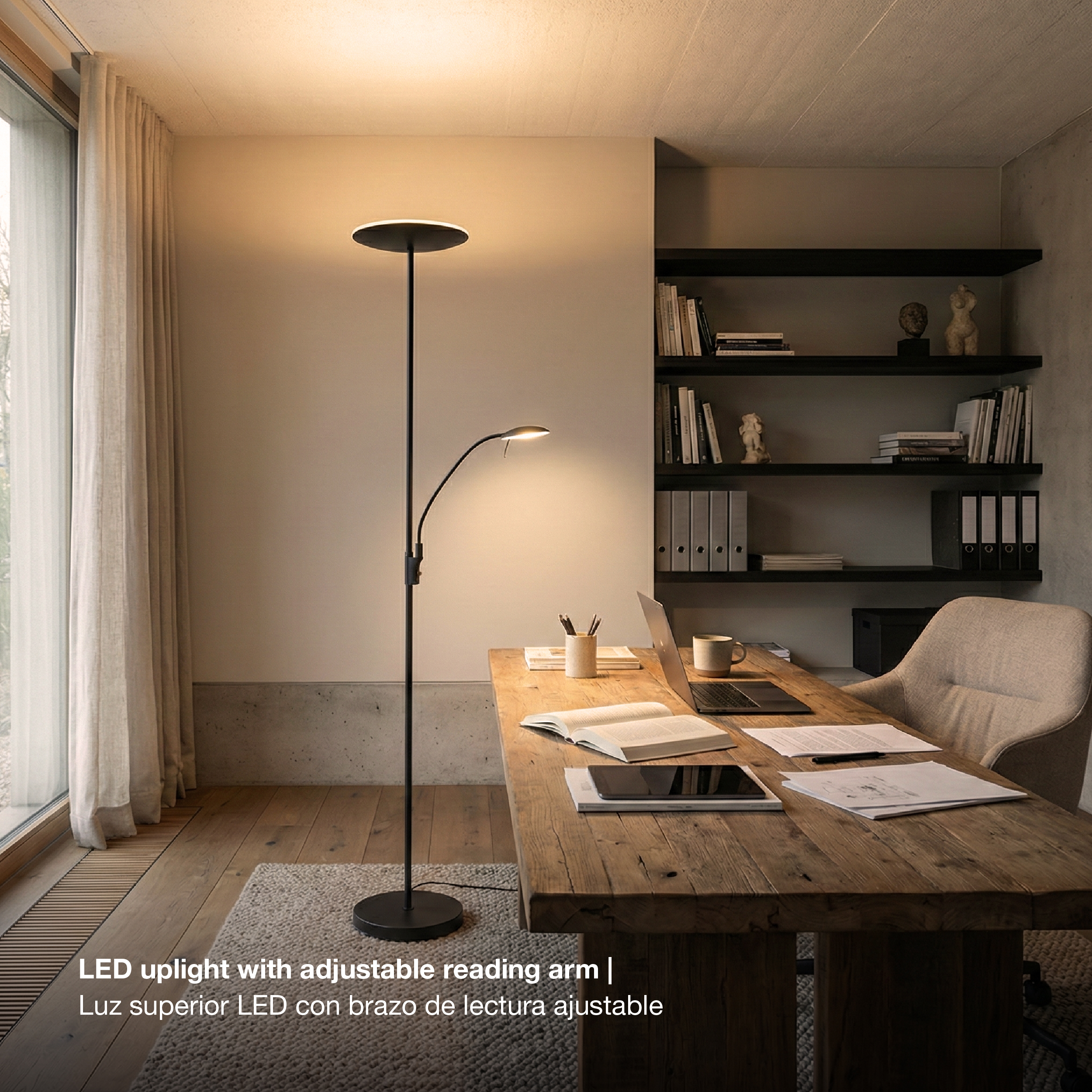 Lámpara de Pie LED con Luz de Lectura Dimerizable Negro Ø290x30mm 25W Blanco Cálido 3000K 1800mm
