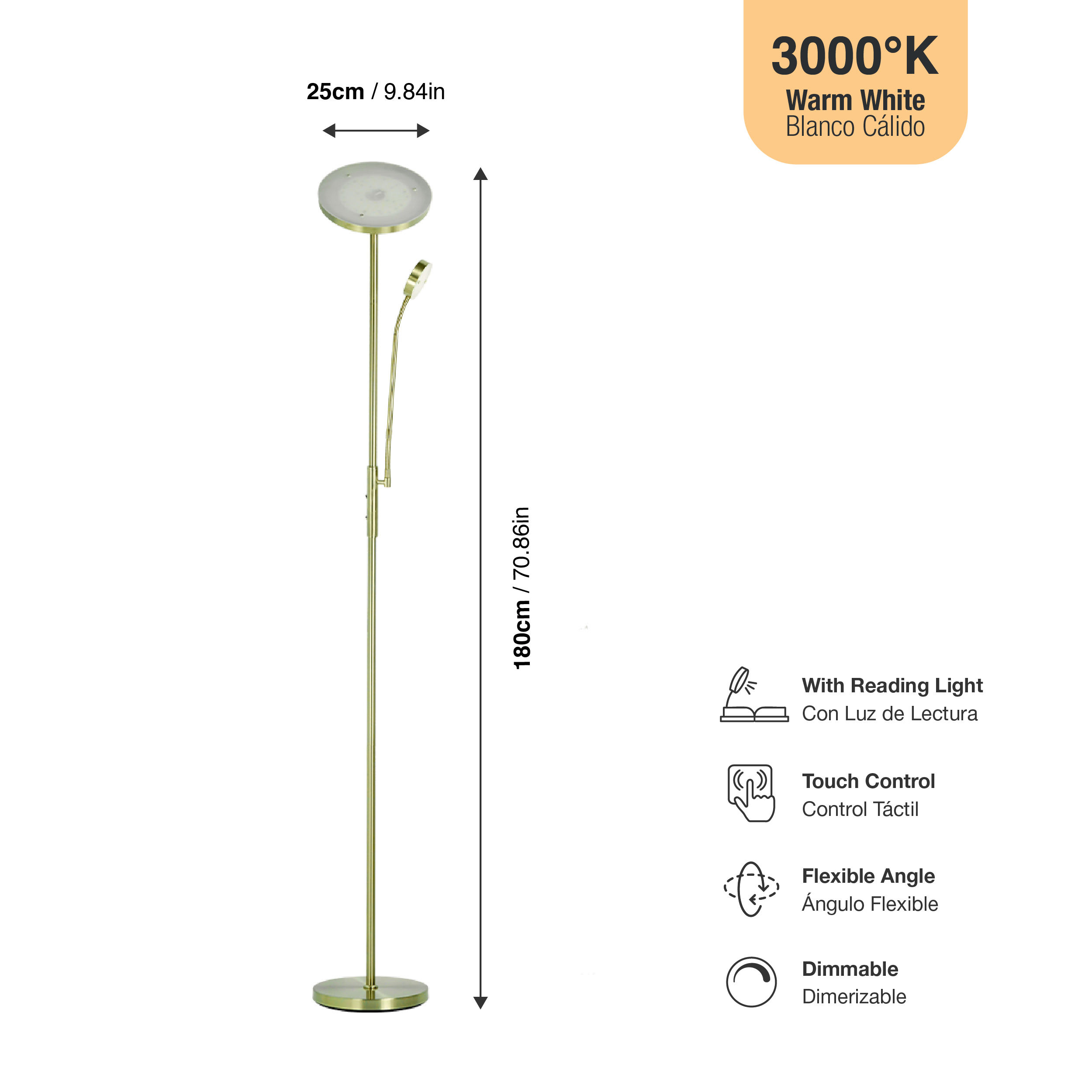 Lámpara de Pie LED con Luz de Lectura Bronce Ø250x20mm 25W Blanco Cálido 3000K 1800mm