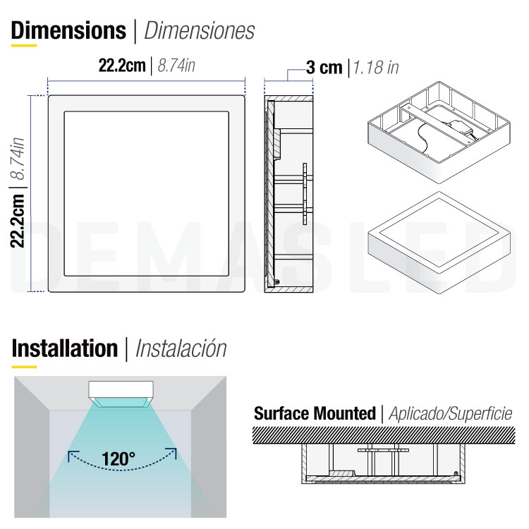 Plafón LED cuadrado blanco de 21,3x21,3cm 18W 1440lm Frío, de aplicar