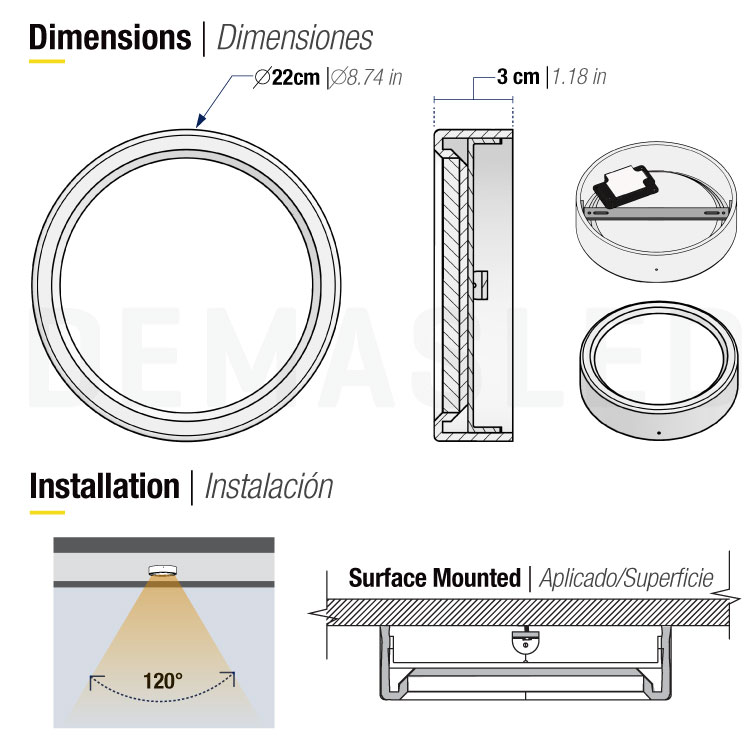 Plafón LED redondo blanco de 22.2cm, 18W 1440lm Cálido, de aplicar