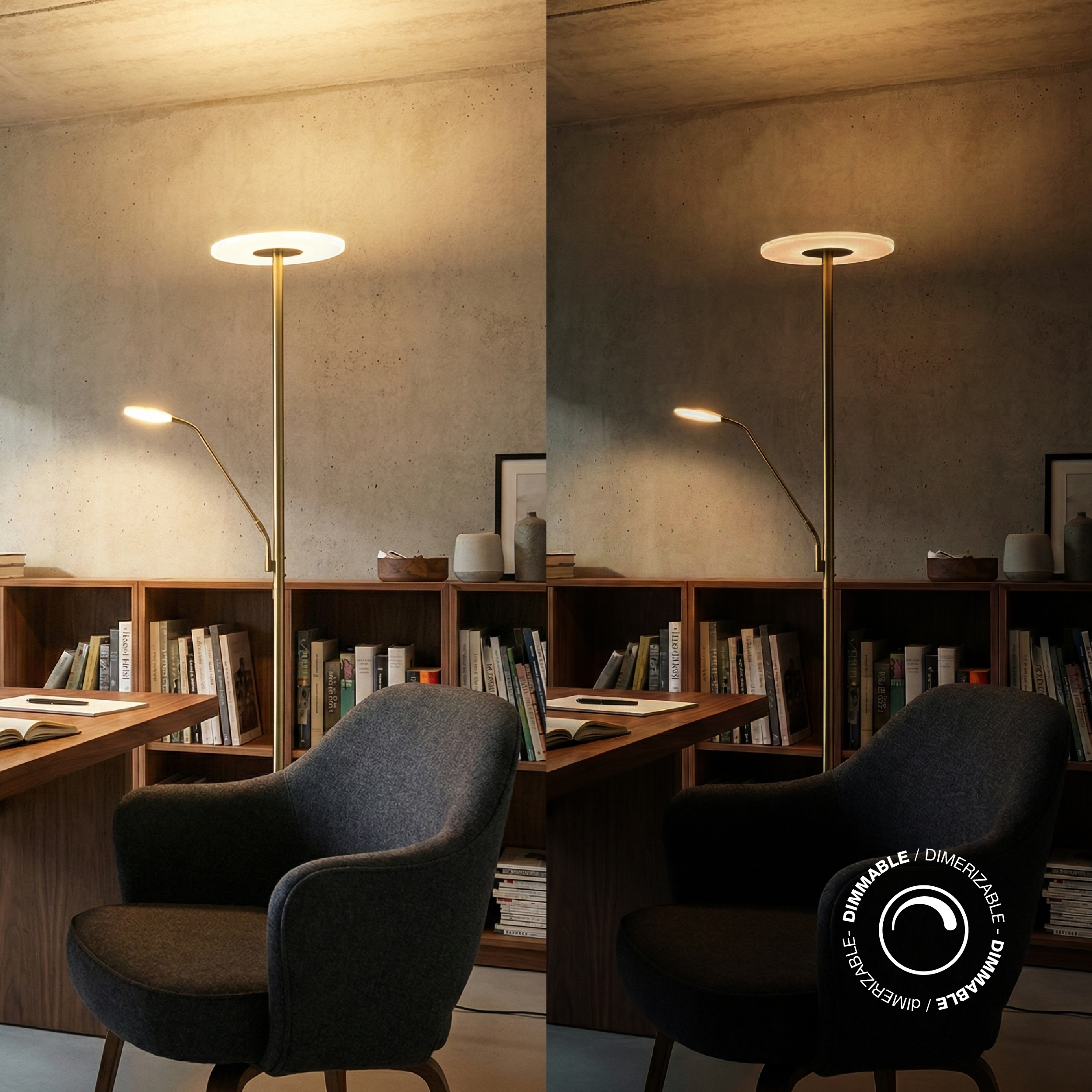 Lámpara de Pie LED con Luz de Lectura Dimerizable Bronce Ø300x16mm 28W CCT 1800mm