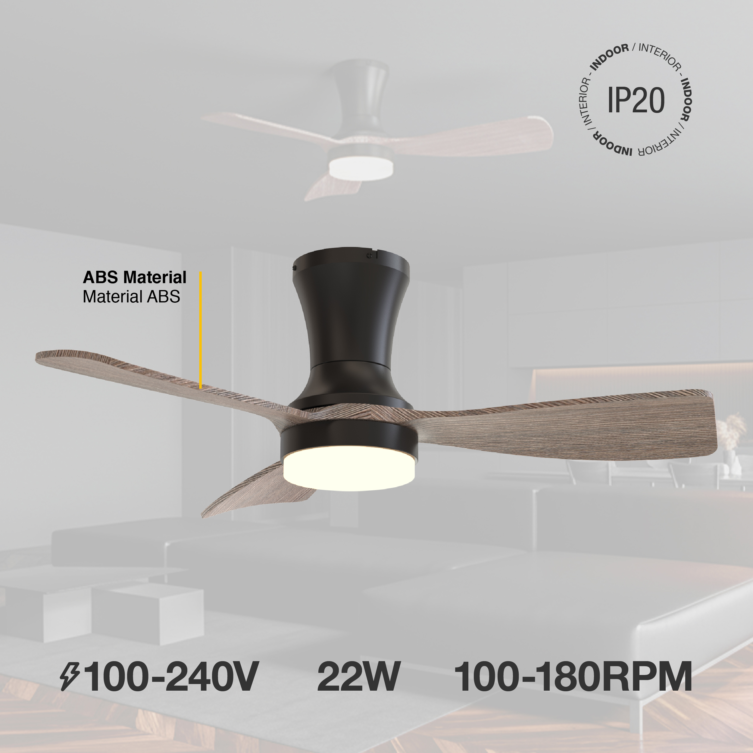 Ventilador de Techo con Luz LED CCT 920x265mm Madera Oscura 22W con Control Remoto AC100-240V I