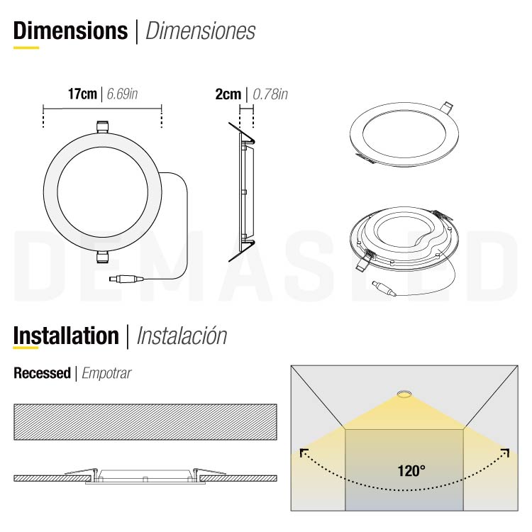 Panel LED Redondo Blanco de 17cm, 12W 900lm Cálido, de empotrar