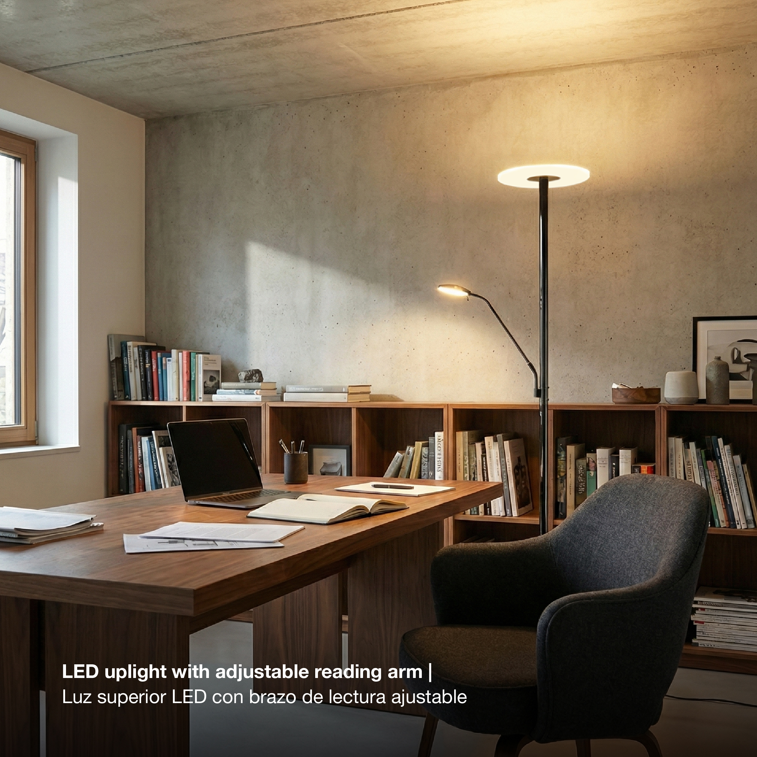 Lámpara de Pie LED con Luz de Lectura Dimerizable Negro Ø300x16mm 28W CCT 1800mm