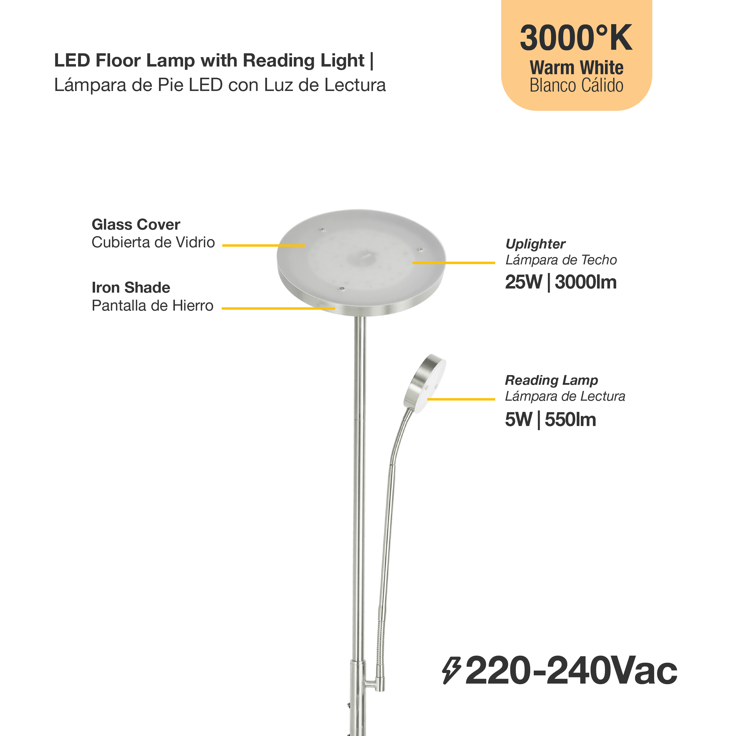 Lámpara de Pie LED con Luz de Lectura Níquel satinado Ø250x20mm 25W Blanco Cálido 3000K 1800mm